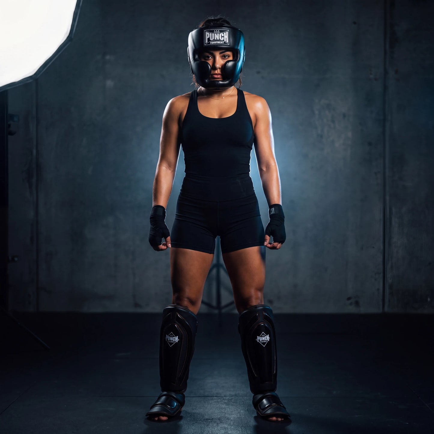 Female fighter wearing the Punch Equipment women's pro protective kit — Trophy Getters full-face head gear and Black Diamond Precision Plus shin pads, standing in a gym
