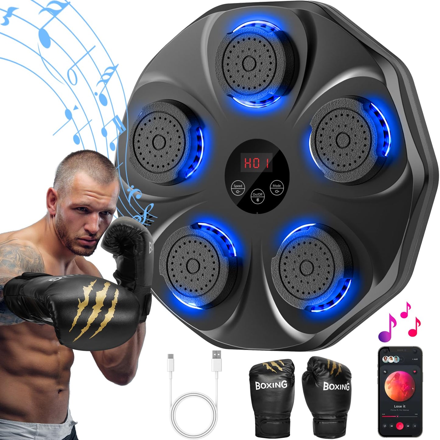 Smart Music Boxing Machine – LED Bluetooth Wall Trainer, 9 Modes & 9 Speeds (Gloves Included)