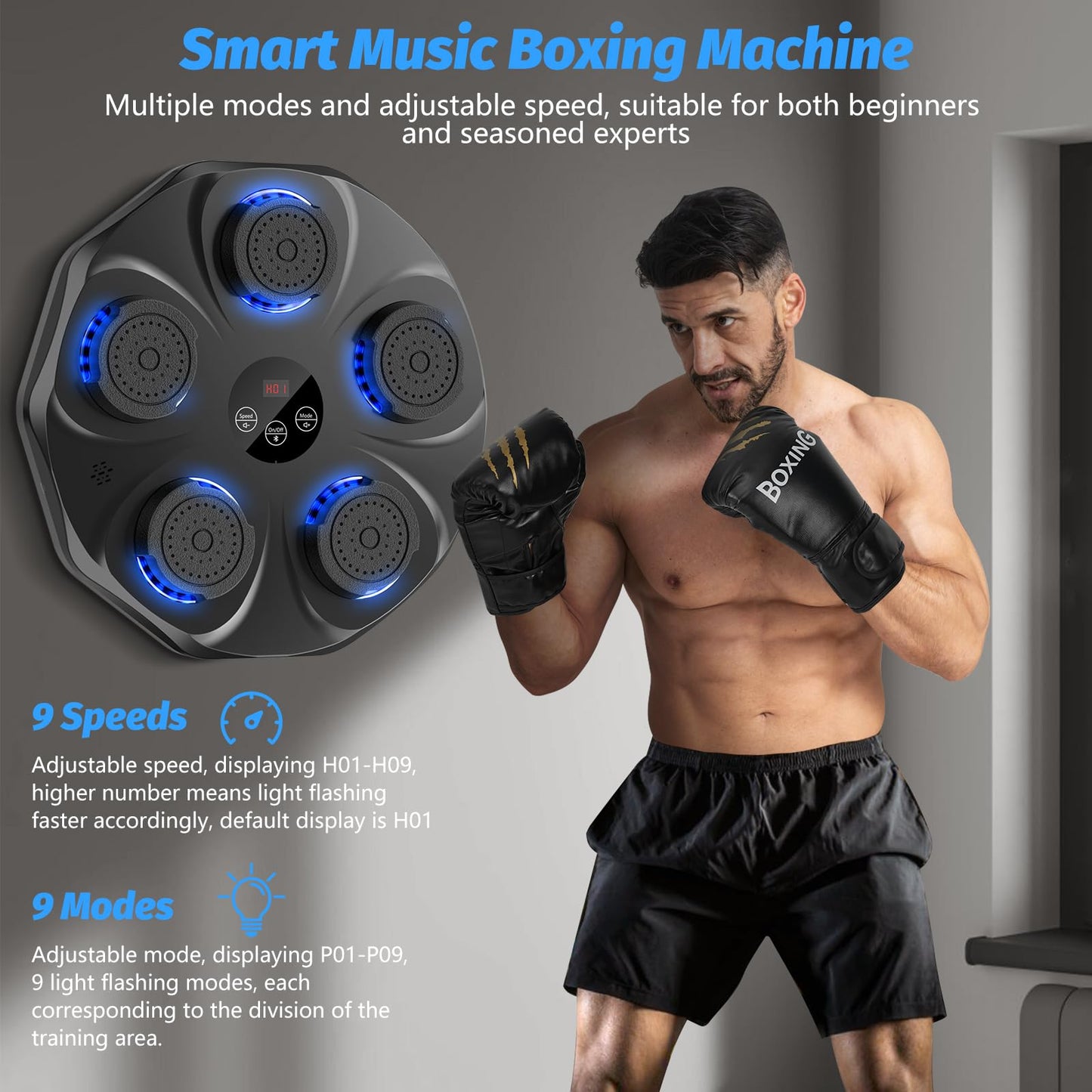 Smart Music Boxing Machine – LED Bluetooth Wall Trainer, 9 Modes & 9 Speeds (Gloves Included)