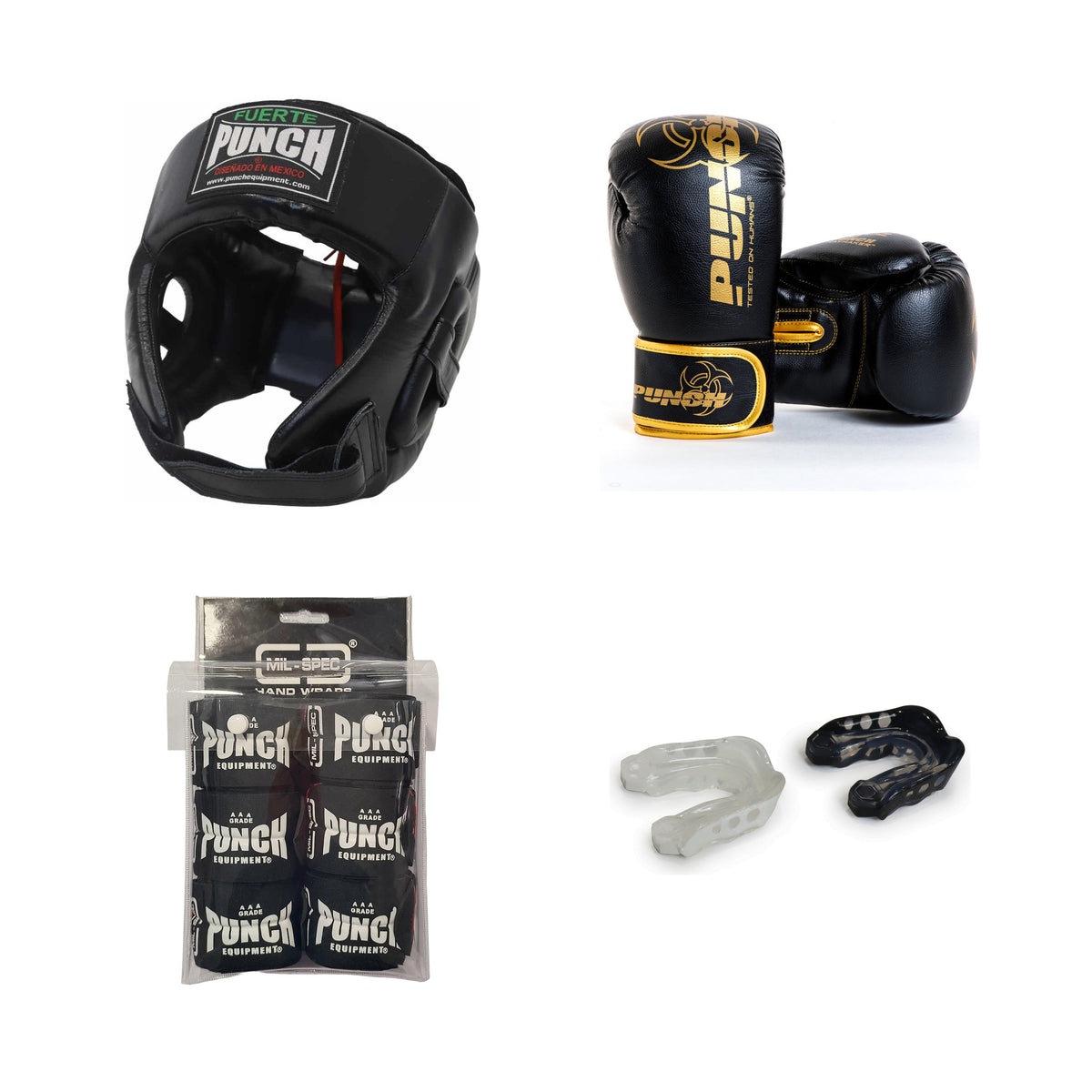 All four pieces of the Punch Boxing Sparring Kit on a white background — Fuerte Mexican open-face head gear, black and gold Urban Haymaker 16oz boxing gloves, a three-pack of Mil-Spec hand wraps and a two-pack of Mil-Spec gel mouthguards, one clear and one black