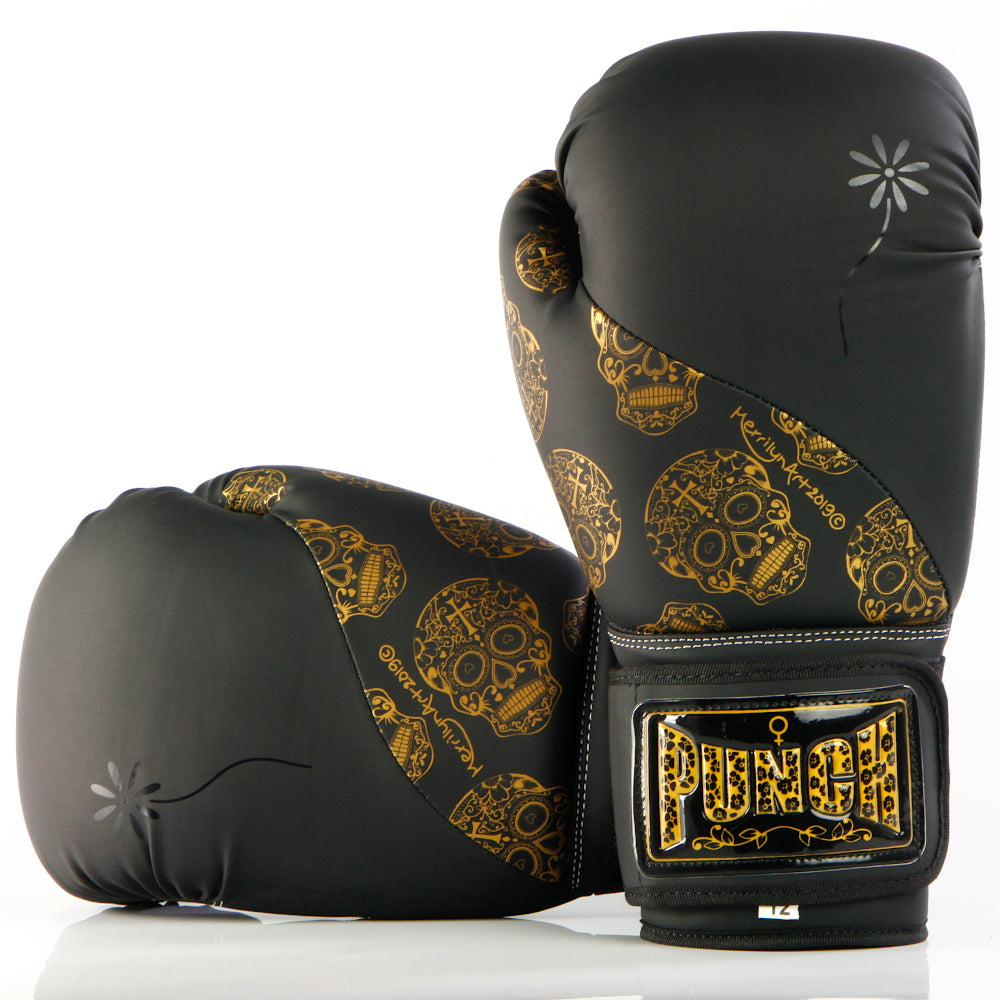 Urban Gold Skulls Boxing Gloves – 12oz, Black