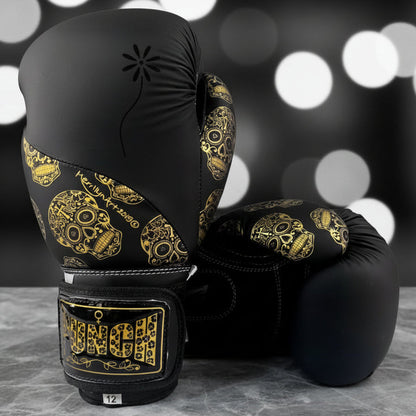 BOXING GLOVES - Urban™ GOLD SKULLS - 12oz - BLACK