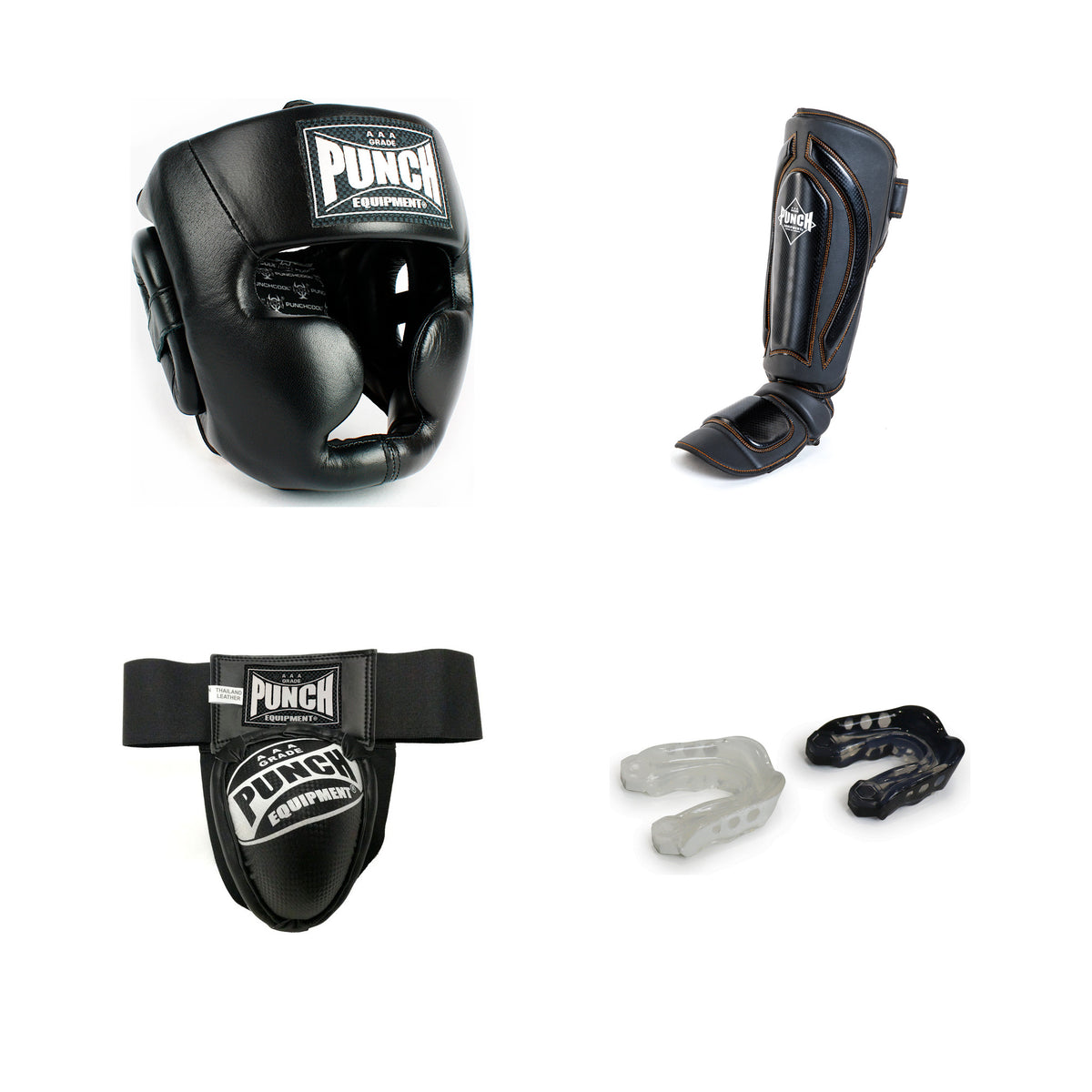 All four pieces of the Punch Pro Protective Kit on a white background — Trophy Getters full-face head gear, Black Diamond Precision Plus shin and instep guards, Black Diamond steel groin guard in matte black leather, and a two-pack of Mil-Spec gel mouthguards, one clear and one black