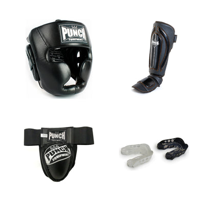 All four pieces of the Punch Pro Protective Kit on a white background — Trophy Getters full-face head gear, Black Diamond Precision Plus shin and instep guards, Black Diamond steel groin guard in matte black leather, and a two-pack of Mil-Spec gel mouthguards, one clear and one black
