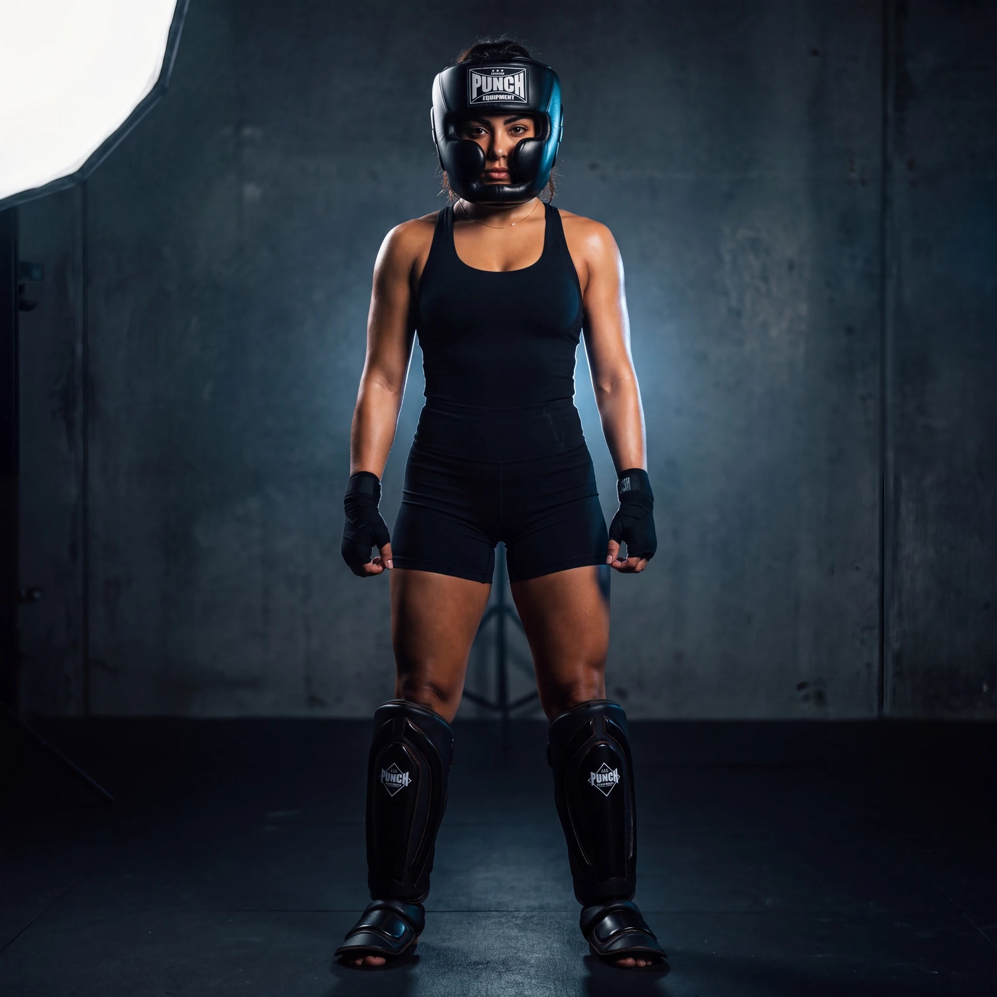 Female fighter wearing the Punch Equipment women's pro protective kit — Trophy Getters full-face head gear and Black Diamond Precision Plus shin pads, standing in a gym