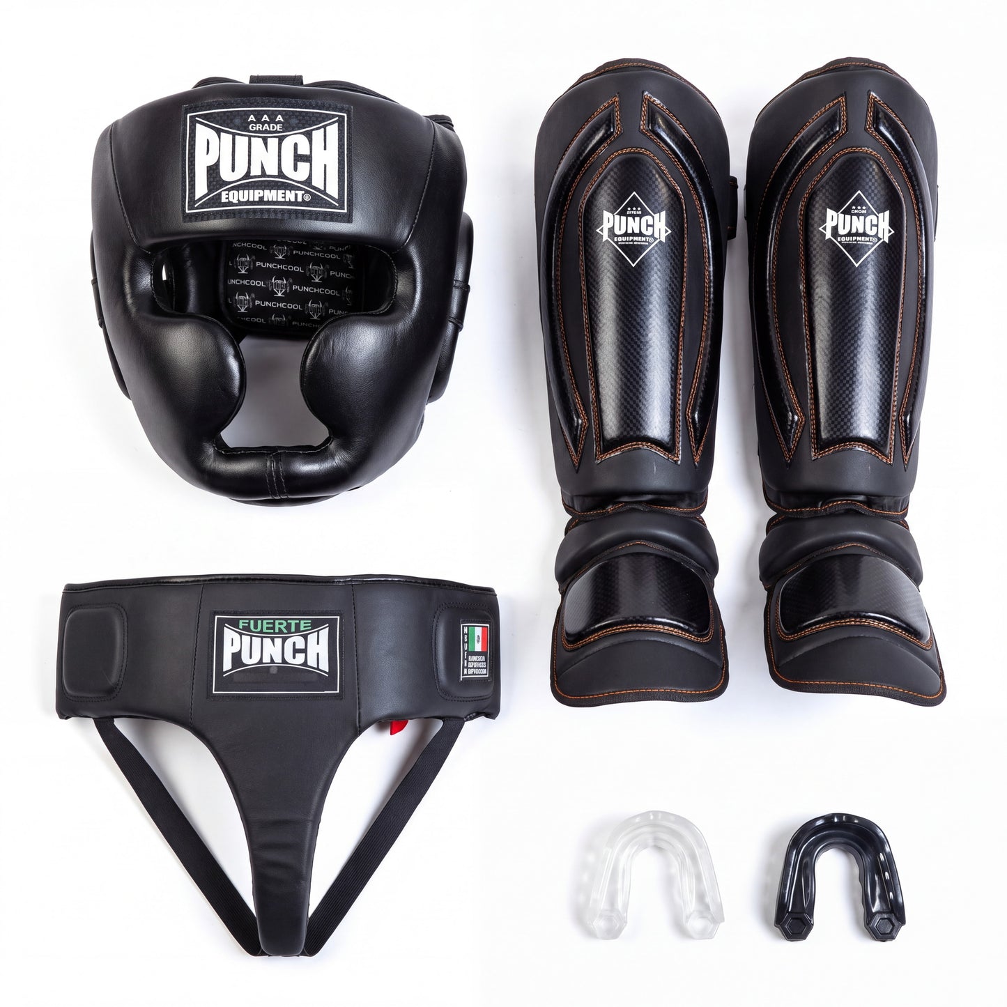 What's in the women's Pro Protective Kit — full-face head gear, pair of Precision Plus shin and instep guards, Mexican Fuerte ladies groin guard and two Mil-Spec gel mouthguards laid out on white